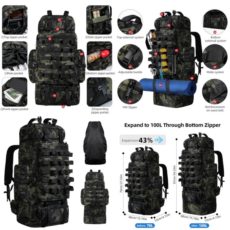 70L/100L Camping Hiking Backpa - Rain Cover Backpack recension och pris