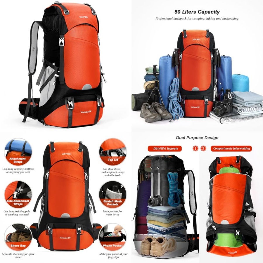 50L Hiking Backpack Travel Bag - Rain Cover Backpack recension och pris